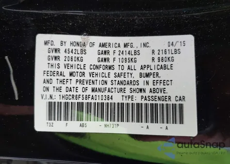 2015 Honda Accord Hybrid Ex-L from USA, damaged, VIN 1HGCR6F58FA010384
